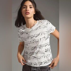 Maeve Anthropologie White Music Note Graphic Tee Artsy Cropped XS